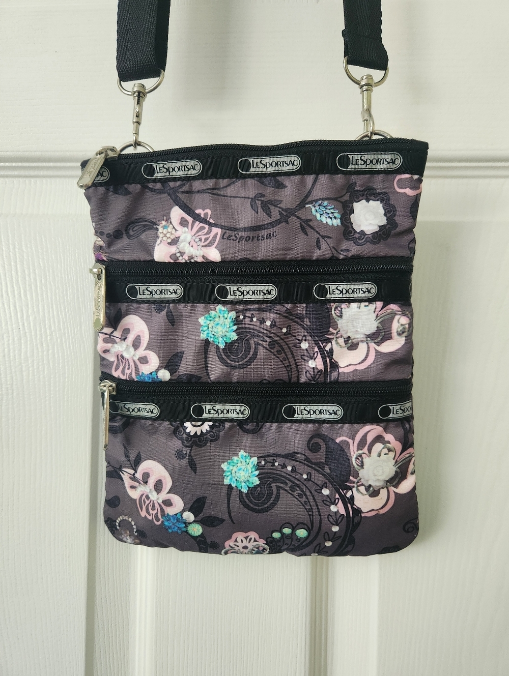 Lesportsac Floral Nylon Crossbody Bag in Gray, Pink & Teal